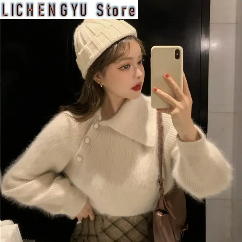 

New Loribindwood Winter Korean Version of The Lapel Imitation Mink Velvet Short White Sweater Super Fairy Design Knit Sweater