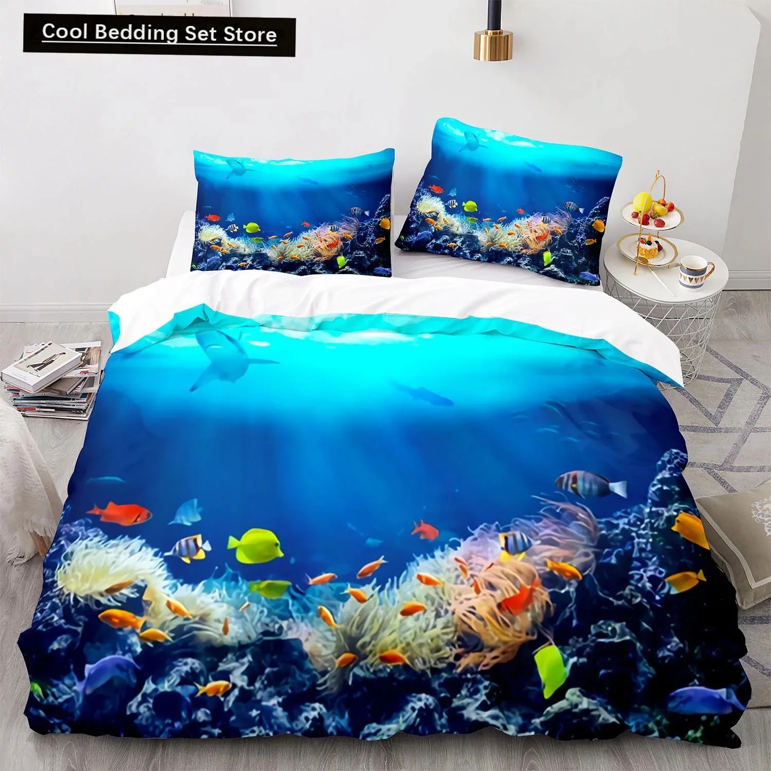 Underwater World King Queen Duvet Cover Cartoon Ocean Animal Bedding Set for Kids Fish Coral Sea Life Soft Polyester Quilt Cover