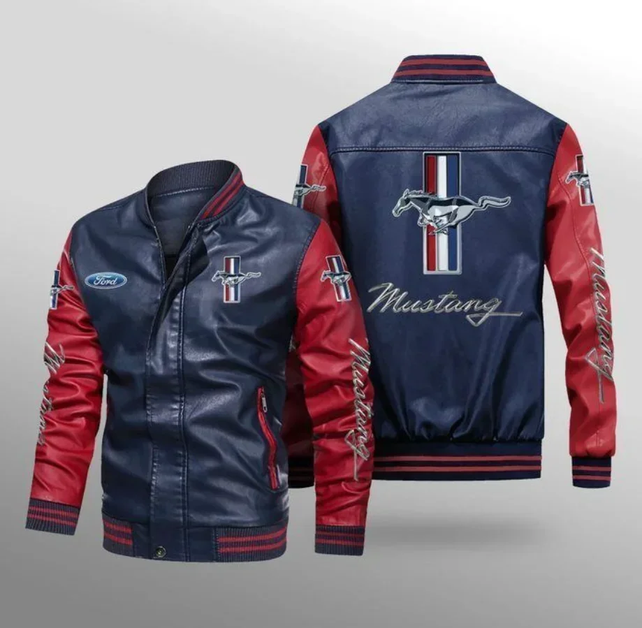 Ford Mustang Logo Motorcycle PU Leather Jacket Men\'s Baseball Bomber Coat Unisex Men\'s Oversize Varsity Vintage