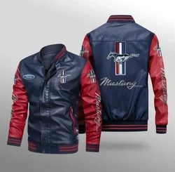 Ford Mustang Logo Motorcycle PU Leather Jacket Men's Baseball Bomber Coat Unisex Men's Oversize Varsity Vintage