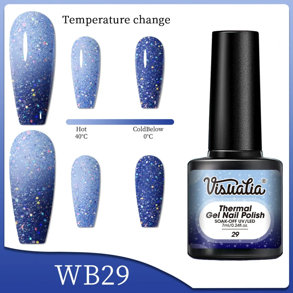 Visuatia Starry Blue Glitter Temperature-Changing Nail Gel relies on the temperature difference between hot and cold to change the base color, combining the dual features of temperature-sensitive color change and starr