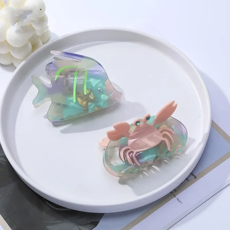 

New Ocean Crab Small Fish Hair Claw Acetate Rhinestone Shining Claw Clip Cute Cartoon Shark Clip for Women Girl Hair Accessories