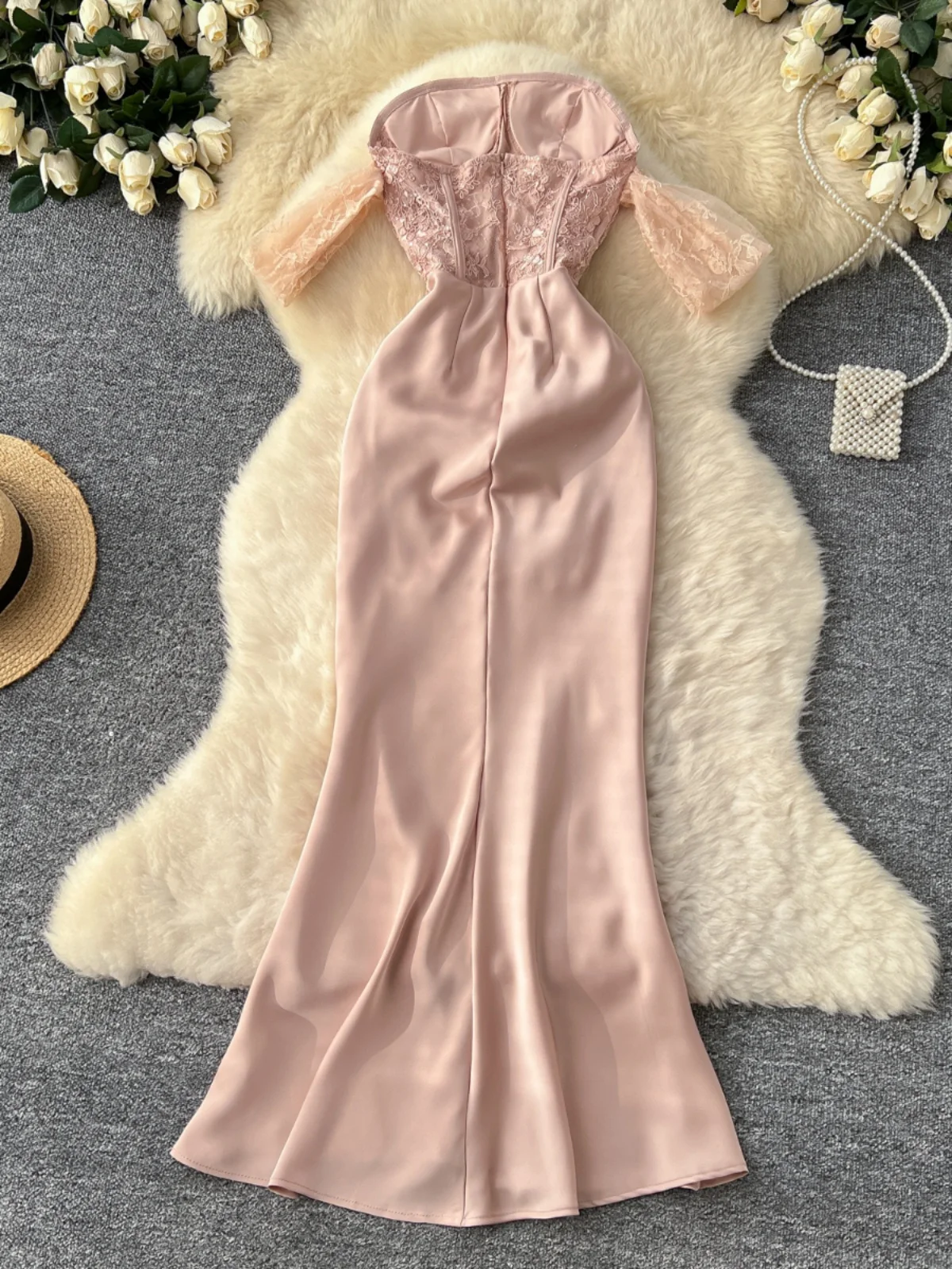 Ele High-End bestickte Spitze Patchwork Svel Bustier Slim Fit Satin Dr koreanische Sle hohe Taille A-Linie Midi Dr