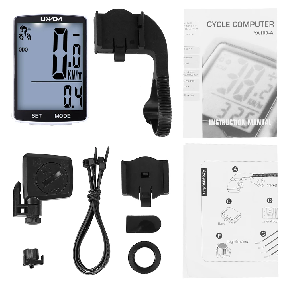 LIXADA Wireless Bike Computer LCD Screen MTB Speedometer Odometer IPX6 Waterproof Cycle Measurable Temperature Stopwatch