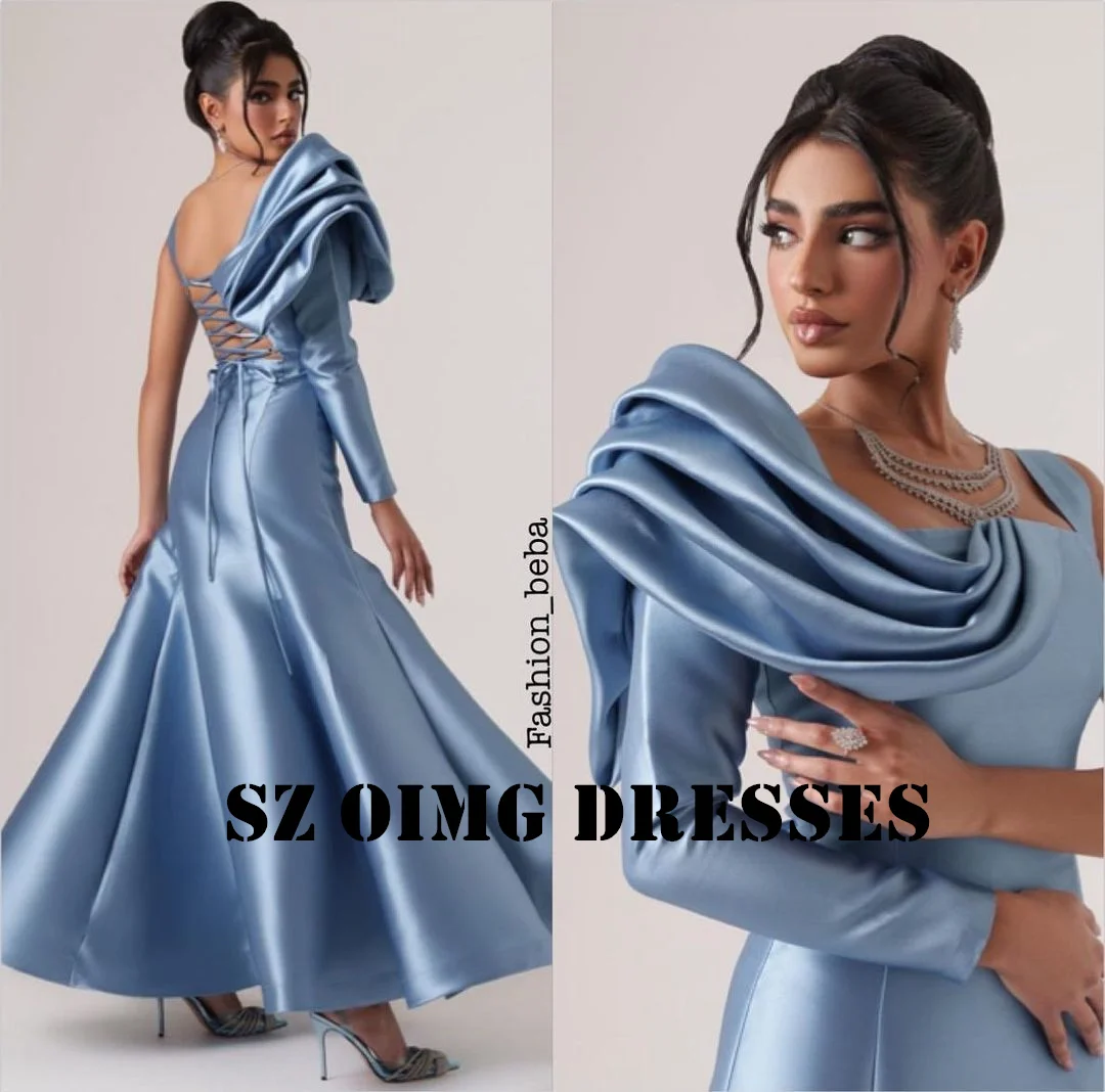 

OIMG New Design One-Shoulder Ruched Prom Dresses Saudi Arabic Women Ankle-Length Sky Blue Evening Gowns Formal Party Dress