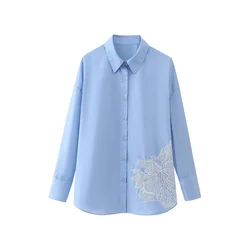 2024ZAR * Spring New Product New European and American Style Fashion Versatile Shirt Women's Embroidered Flower Decoration Popli