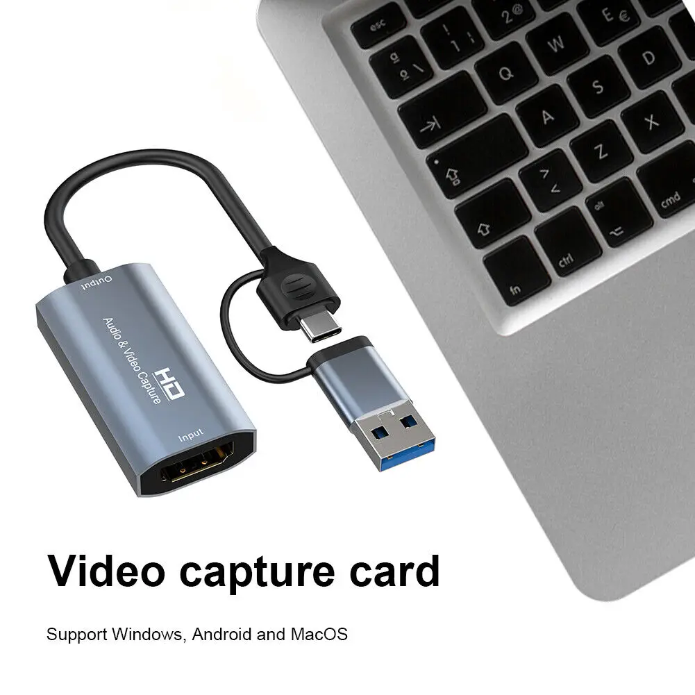 Cartão de captura de vídeo para PC e telefone, USB Grabber, máquina de jogos, câmera PS, transmissão ao vivo, 2 em 1, HD 1080P, 4K