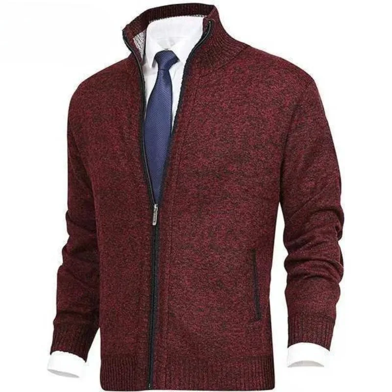 

Men's Solid Color Fleece Thickened Stand-Up Neck Large Size Knitted Cardigan Jacket Autumn Winter