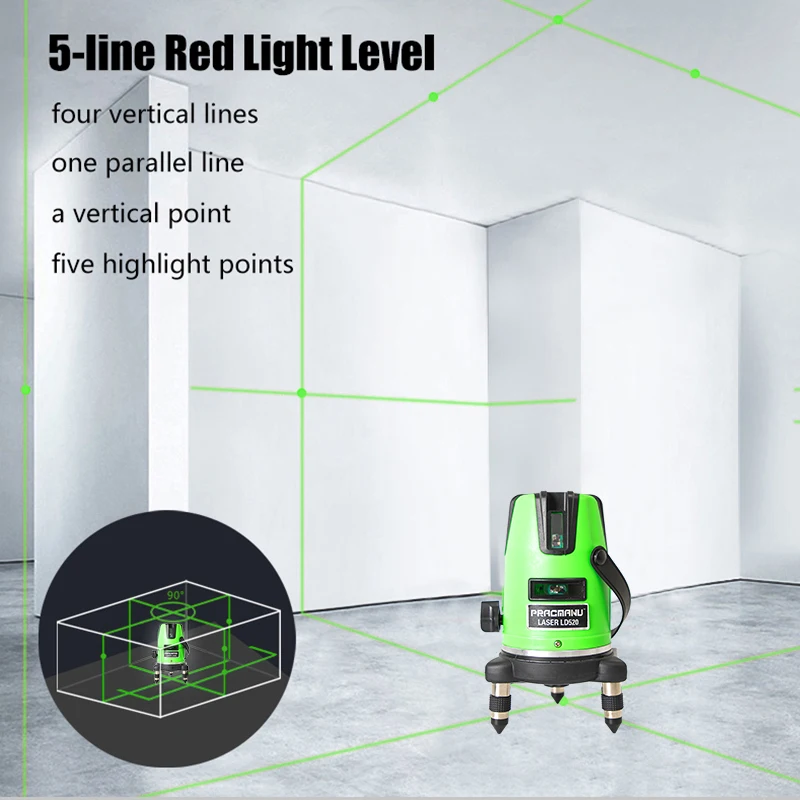 PRACMANU 5 Lines Laser Level Green Beam 360 Self Leveling Horizontal And Vertical Cross Line Level with Rotary Base