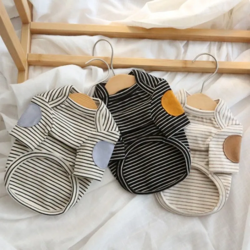 Winter Puppy Stripe Hoodie Embroidered Dog Sweatshirt Pet Warm Clothes Teddy Solid Color Bottom Shirt Soft Pullover Dog Clothes