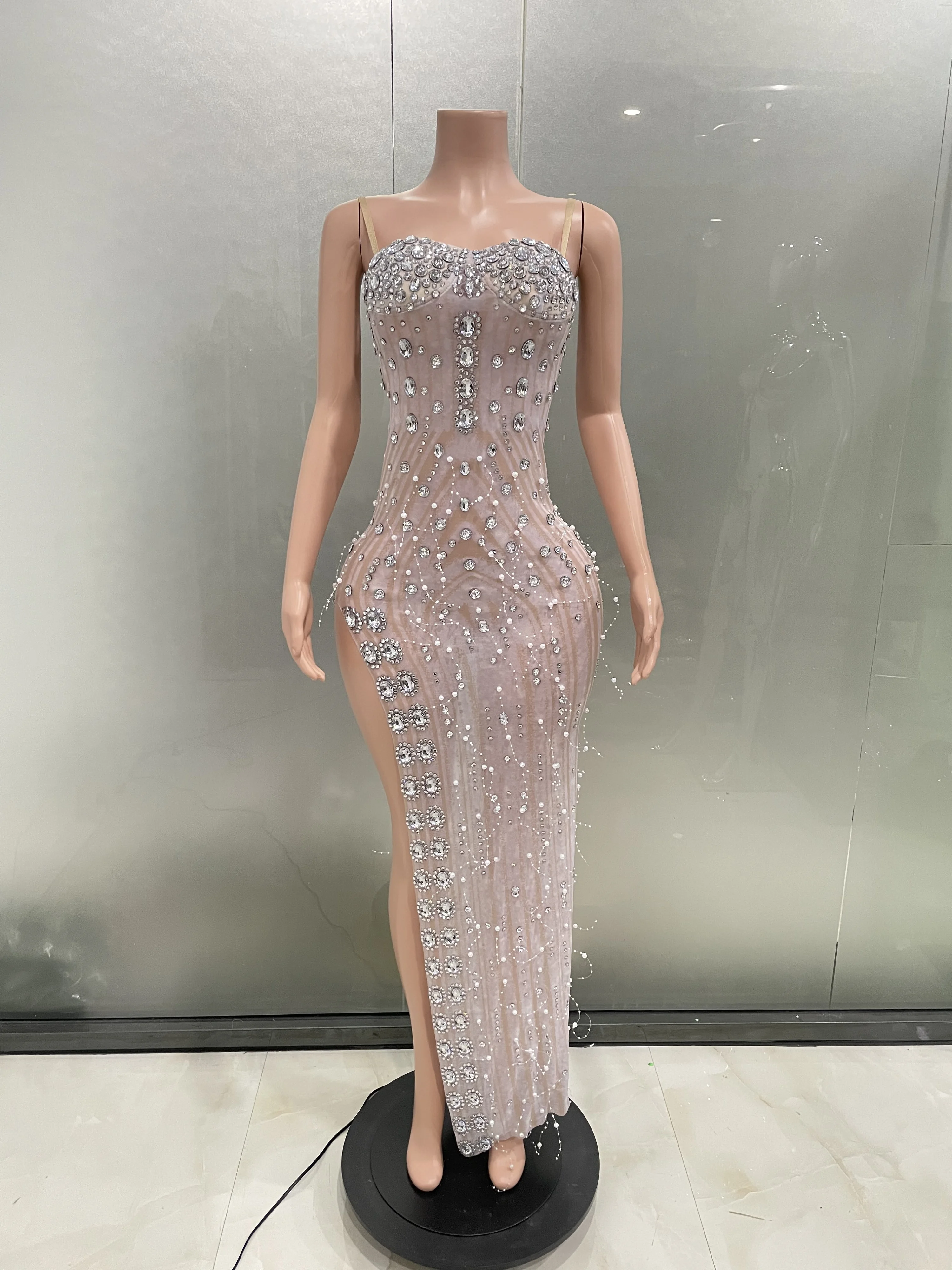 STOCK Women Sexy Crystal Diamond Pearl Long Mesh Stretch Dress Elegant BirthdayParty Evening Dress Stage Performance Costume