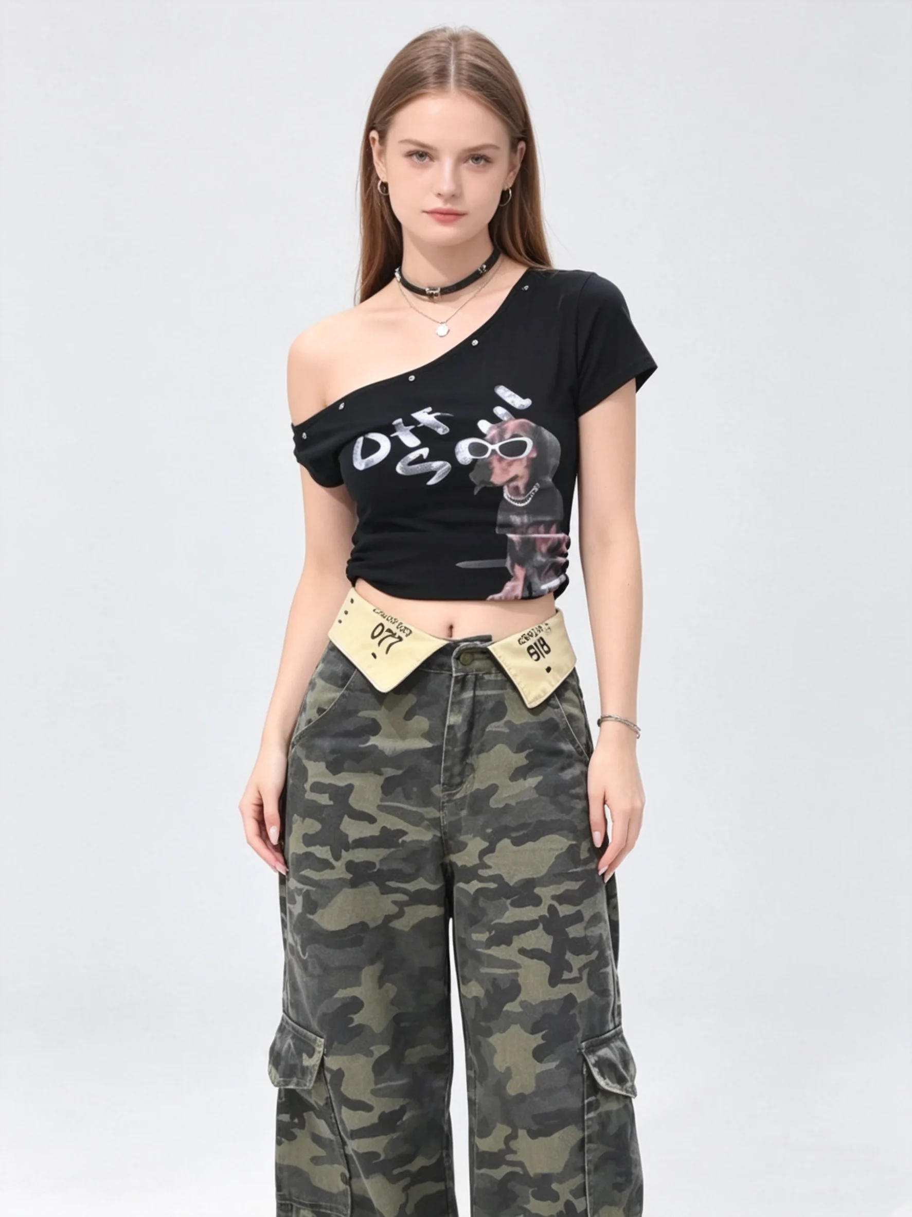 

Женская черная готическая футболка Y2K в стиле эмо, американский стиль, модная футболка для девушек, с принтом щенка, с открытыми плечами, с коротким рукавом, летняя коллекция 2026