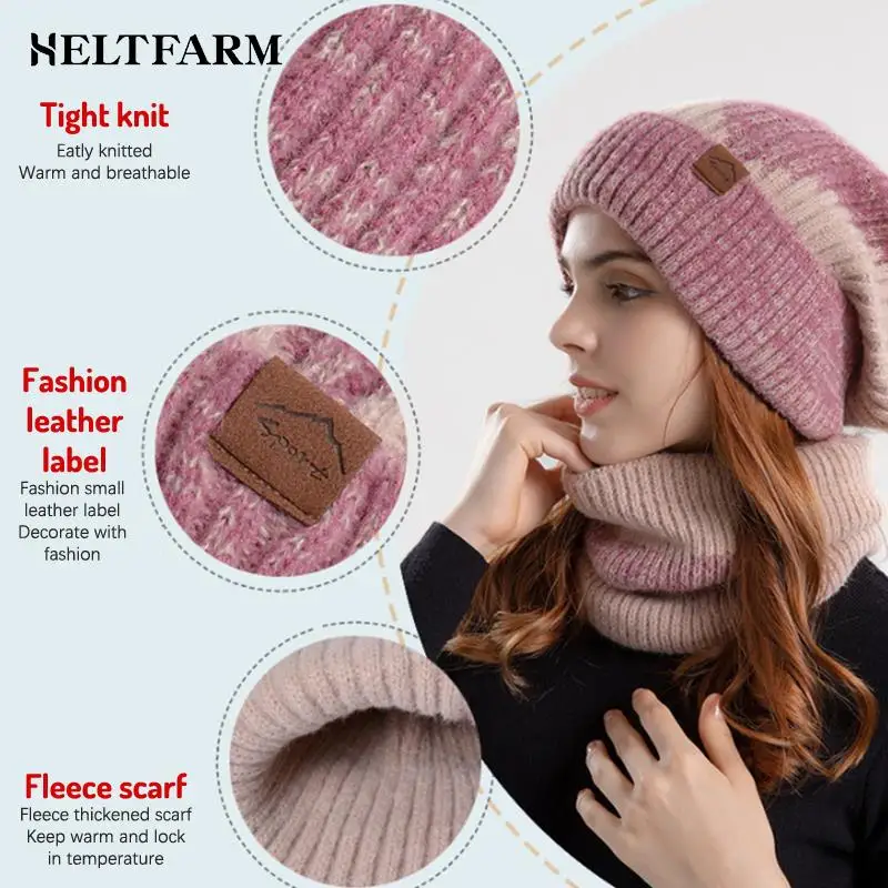 Winter Hat & Scarf Women\'s Two Tone Fashionable Ear Protection Beanie Hat Plush Neck Warmer Scarf Set