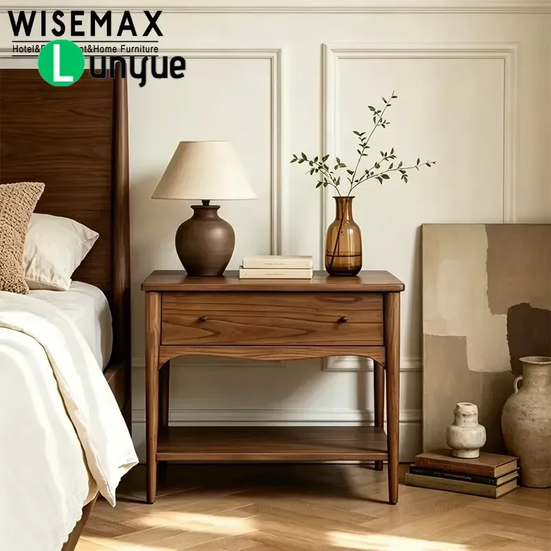 Vintage Nordic Solid Ash Wood Bedside Table Simple Style Nightstand for Hotel Villa Apartment Home Bedroom Furniture Storage