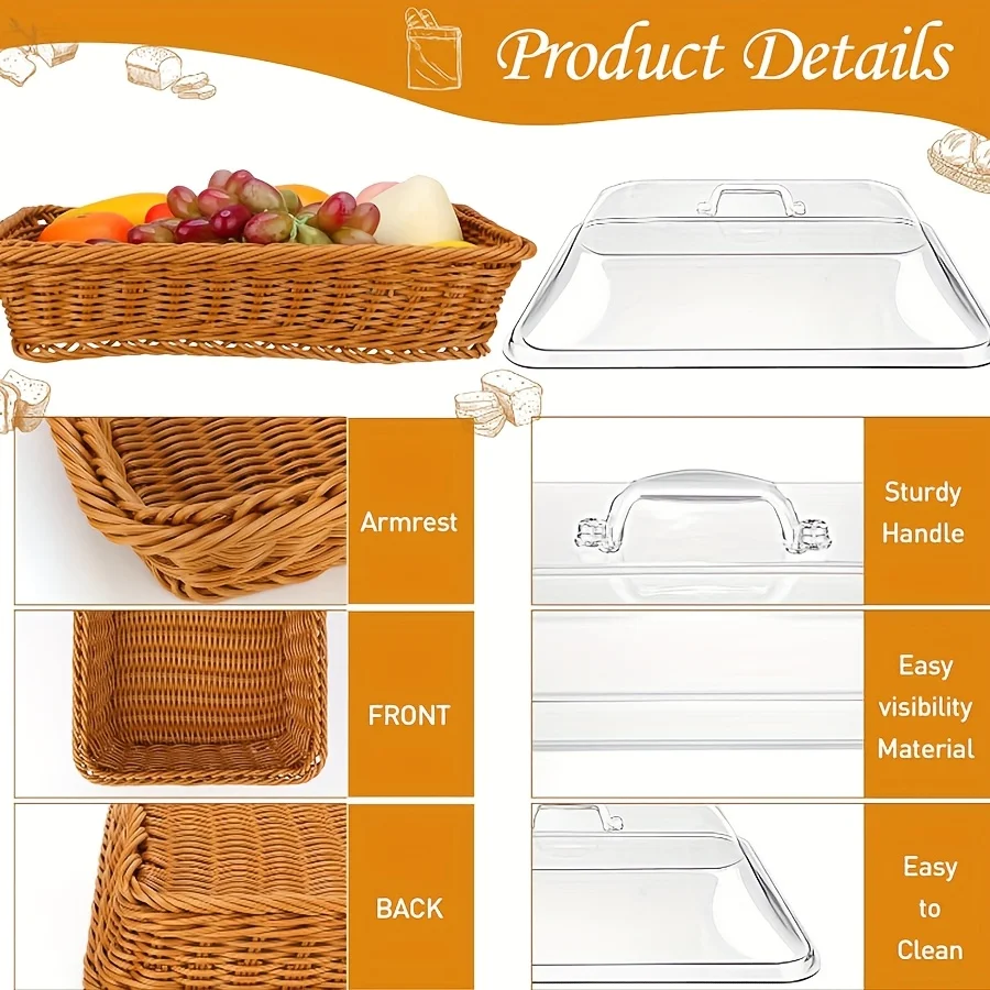 سلة خبز الروطان المعاصرة مع غطاء قبة أكريليك، صينية تقديم خوص متعددة الأغراض، متينة وقابلة للغسل، للحلويات والفواكه #3