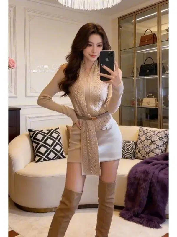 

Chic Knitted Wrap Dr with Rhinestone oulder Bared Versatile Women's High Waist A-Line Dr Casual Sle Long Sve
