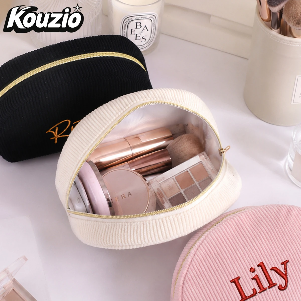 Custom Name Embroidered Corduroy Shell Makeup Bag, Personalized Zipper Cosmetic Pouch, Travel Organizer Gift for Women Girls