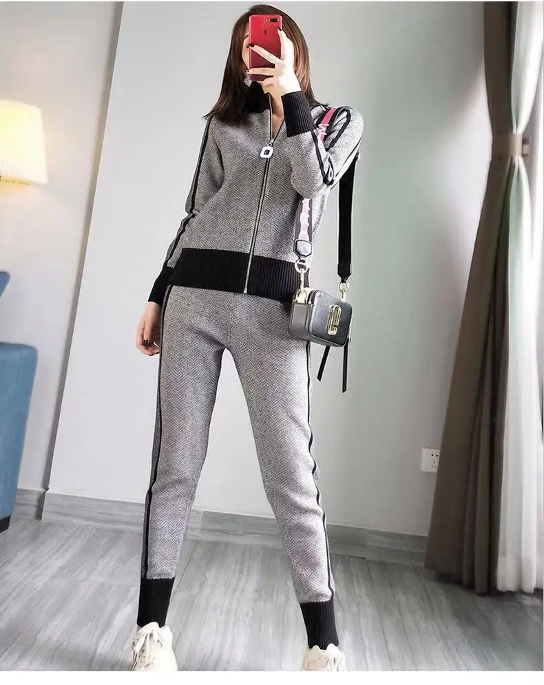 Knitting Two Piece Set Muslim Women Ensemble Print Coat Jacket Zipper Pencil Pants Sports Suit Knit Tracksuit Casual Outfits