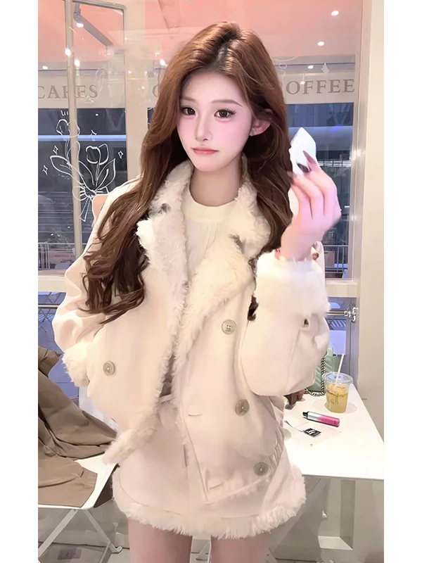 

Winter Thickened Plush Jacket And Skirt Set Sweet Collar A-Line Dress Two-Piece Women's Fashion Casual Workwear