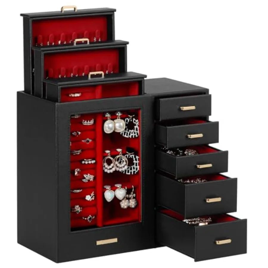 

Large Jewelry Box/Organizer/Case with Glass Window Drawers for Necklaces Earrings Rings Bracelets Watches Gift for Women Girls