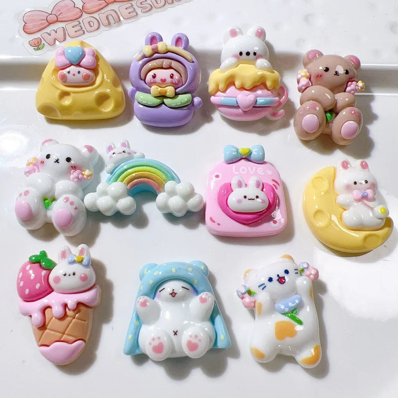 10Pcs New Cute Resin Mini Rabbit Bear Cake Rainbow Series Flat Back Manicure Parts Embellishments For Hair Bows Accessories