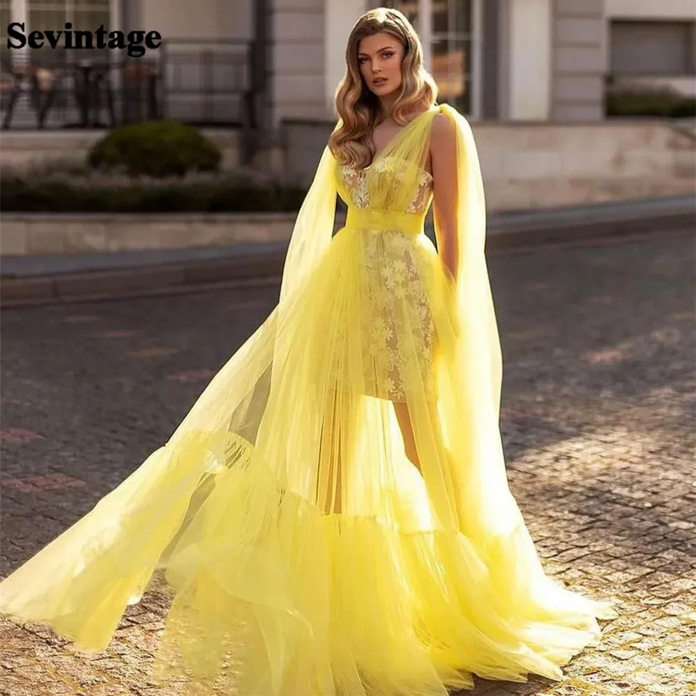 

Sevintage Elegant Yellow Prom Dress Tulle A-Line Lace Long Cape Sleeves Belt Formal Evening Dress Floor Length Party Gowns 2024