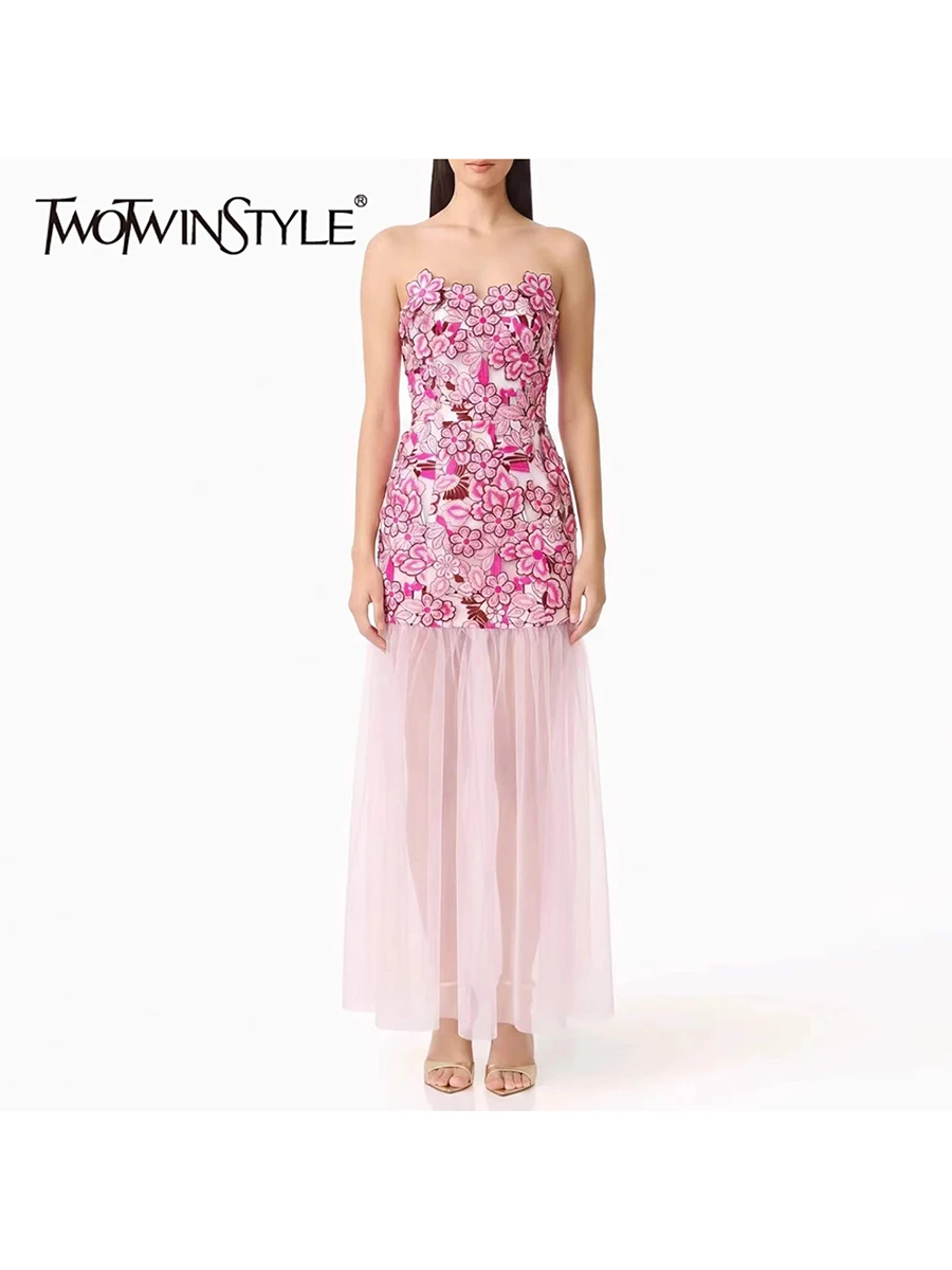 

TWOTWINSTYLE Colorblock Slimming Spliced Hollow Out Dress for Women Strapless Sleeveless Patchwork Mesh Midi Dresses Female New
