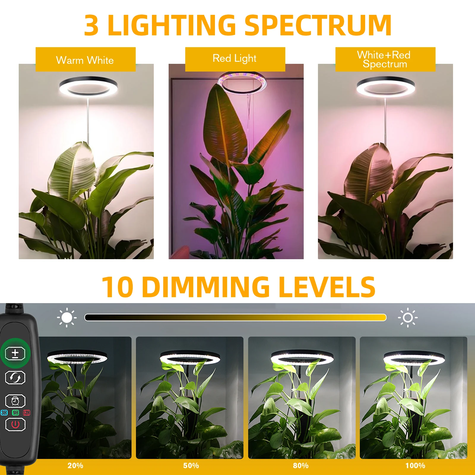 Plant growth light, full spectrum LED indoor plant lighting, height adjustable with automatic switch timer for 3/9/12 hours