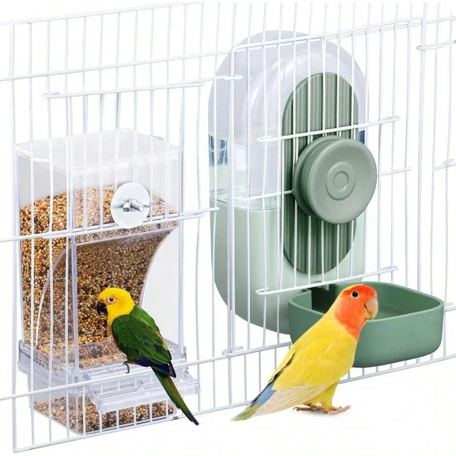 

No Mess Bird Feeder And Water Dispenser Set - Automatic Feeding And Hydration Parakeet Cage Accessories For Parrots Cockatiels