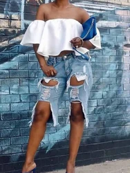 New Fashion Women's Jeans Ripped Comfortable 2024 Summer Casual Street Can Wear Solid Color Ladies Capri Pants