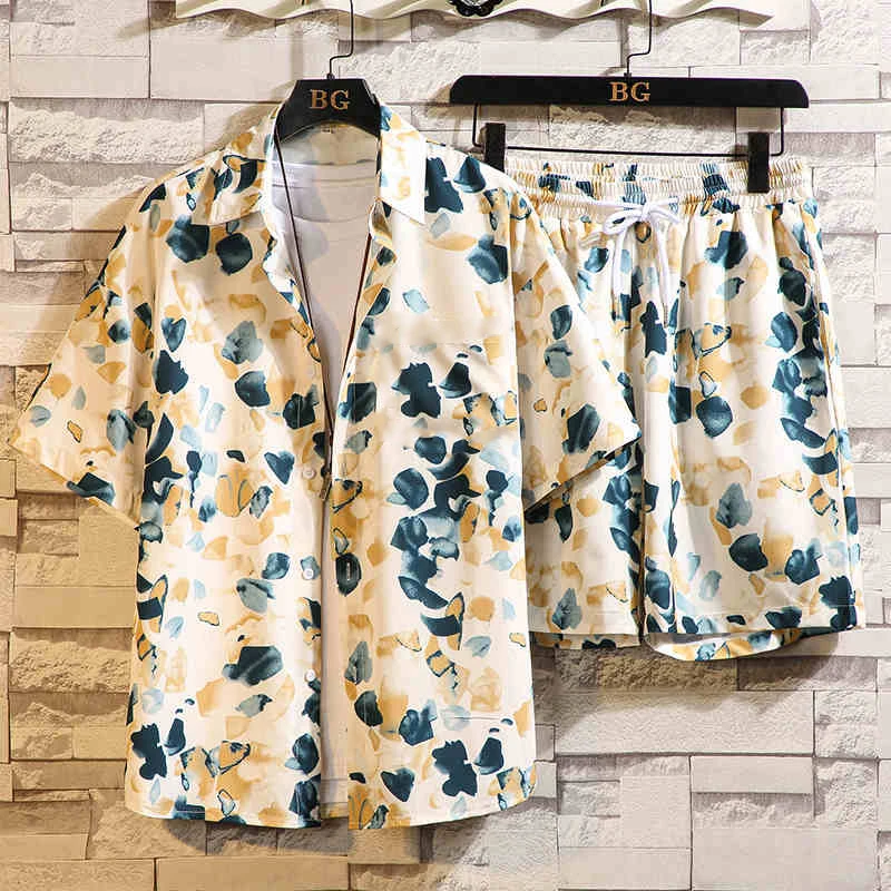 

Fashion Men's Hawaiian Shirt Set Male Casual Colorful Printed Beach Aloha Shirts Short Sleeve Camisa Hawai Hombre Clothin