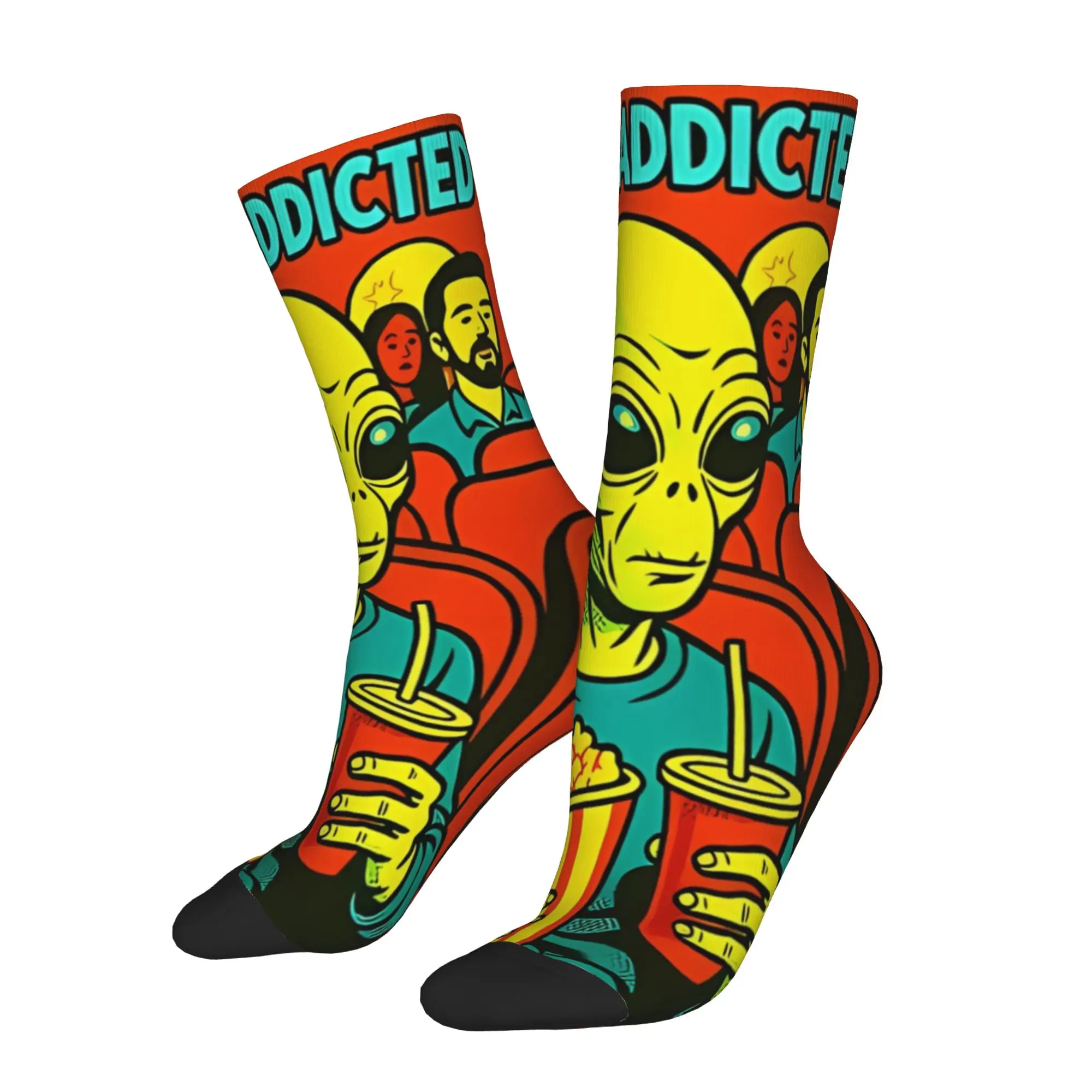 

1 Pair Funny Sock Alien Eating Popcorn Movie Pop Vintage Quality Pattern Printed Men Crew Socks Novelty Men's Socks