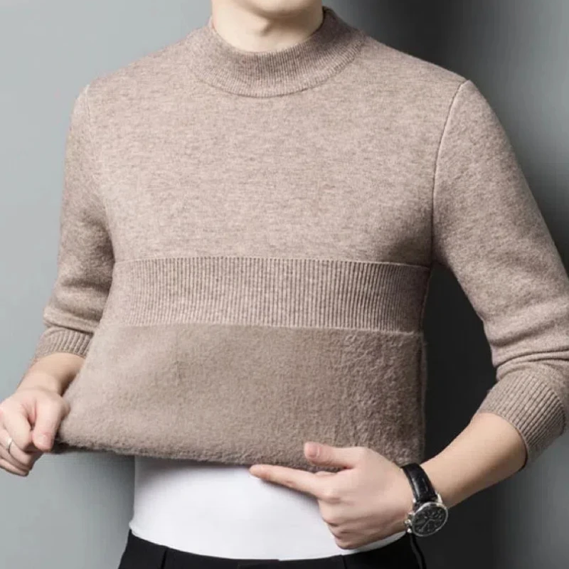 

Autumn Winter New Men Woolen Sweater Solid Mock Neck Fashion Casual Warm Plus Velvet Thicken Pullovers Long Sleeve Knitted Tops