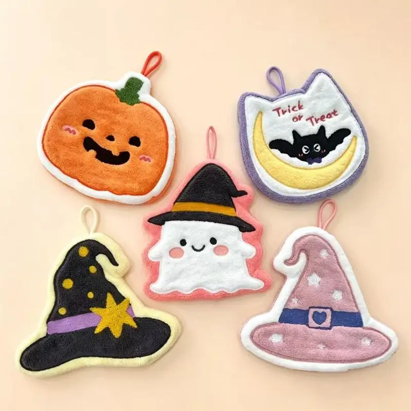 Halloween Themed Quick Dry Hand Towel Cute Ghost Witch Hat Pumpkin Design Hanging Towel For Home Kitchen Washroom Decor