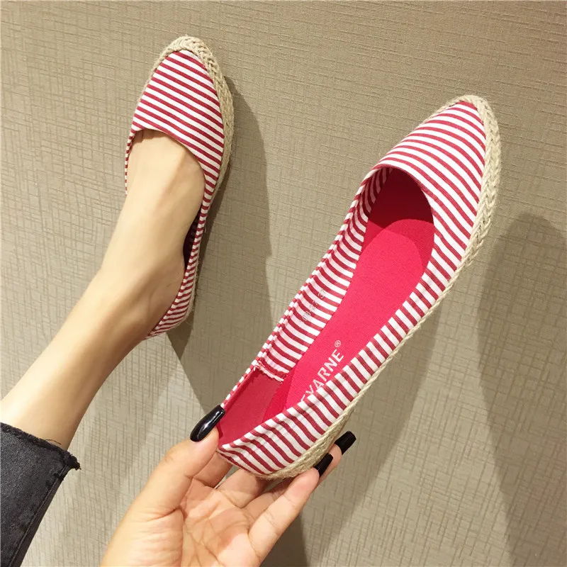 Breathable Cheap Shoes China Flats Black Pointed Toe Espadrilles Blue Women Slip On Hemp Large Size Striped Plain 2023 Casual