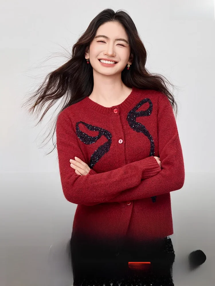 

Свободный шерстяной свитер из кашемира для женщин, новинка весенней коллекции, с длинными рукавами, вышивкой узлами и пайетками, разноцветный, размер А