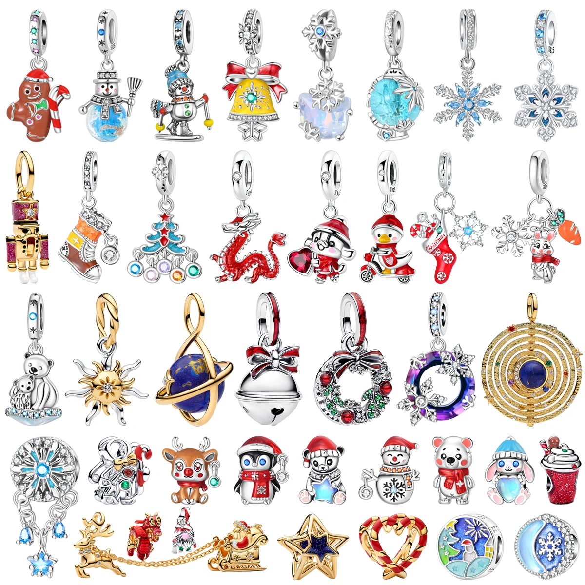 New 925 Sterling Silver Winter Santa Claus Tree Reindeer Bell Snowflake Gingerbread Beads Pendant Fit DIY Bracelet Jewelry Gifts