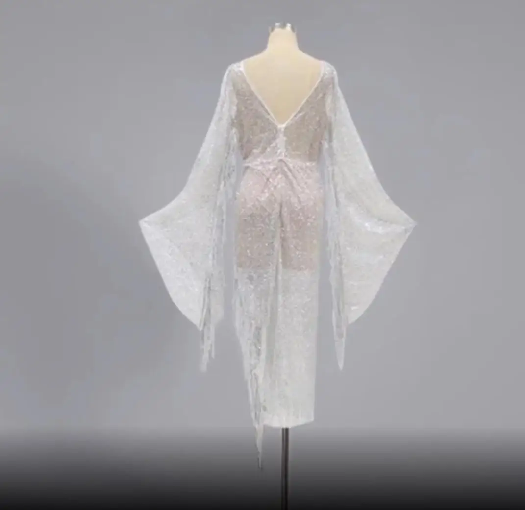 Robes de soirée à franges pour femmes, col en V profond, manches trompent, robe transparente, vêtements gothiques, mode sexy, Y2K