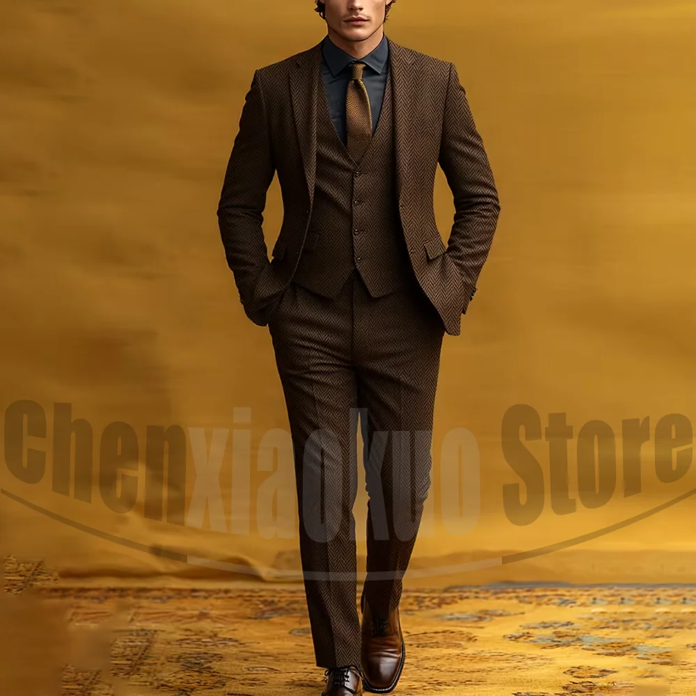 Fashion Herringbone Men's Suit 3 Piece Vintage Style Single Breasted Blazer Vest Pants Formal Smart Casual Wedding Party Outfit