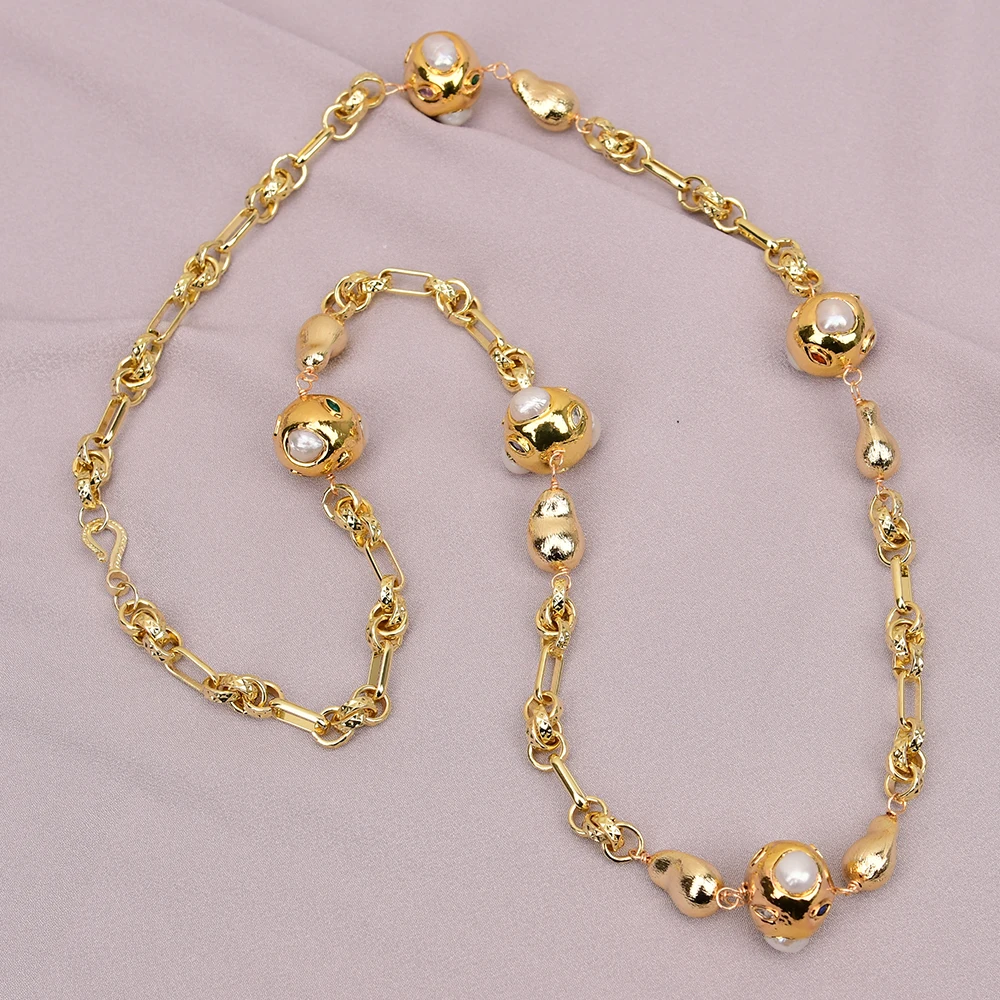 G-G 35'' Natural White Keshi Pearl Mix Color CZ Zircon Paved Bezel Set Brushed Beads Gold Plated Chain Long Necklace