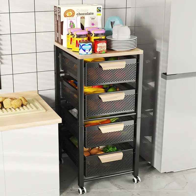 Fruits and Vegetables Storage Cart Multifunctional Storage Cabinet Floor Narrow Seam Storage Baskets Pull-Out Type Kitchen Hot