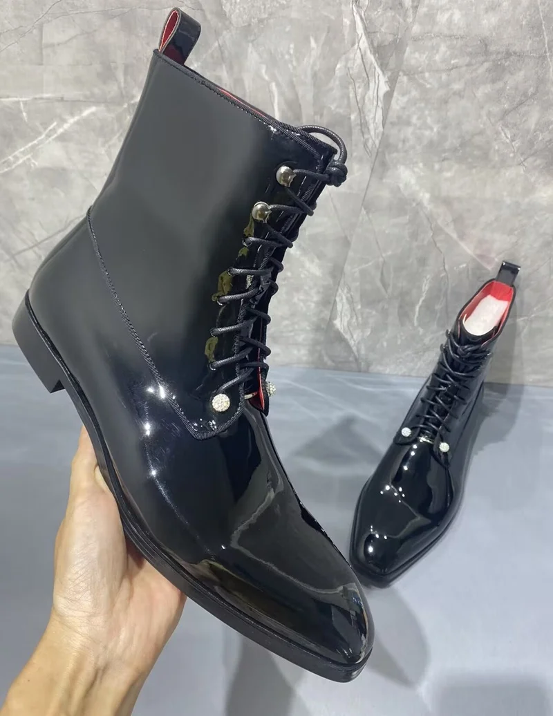 British Style Black Patent Leather Boots Mens shoes Luxury Fashion Lace-up Ankle Boots Men Dress Shoes Autumn Winter Men's Boots