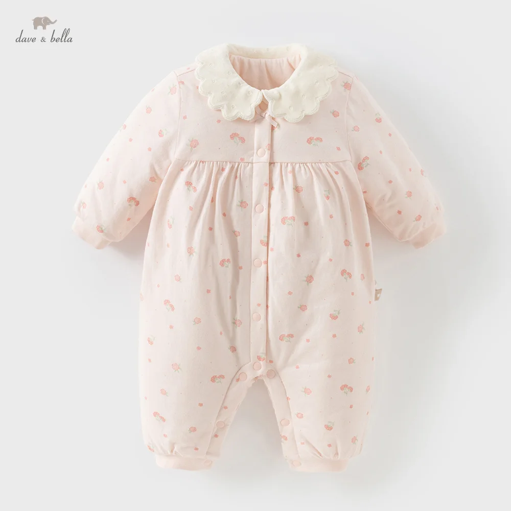 Dave Bella Baby Girl Cotton Newborn Clothes Winter Pink Floral Print Cute Soft Jumpsuit Outerwear Children Clothing DB4242861