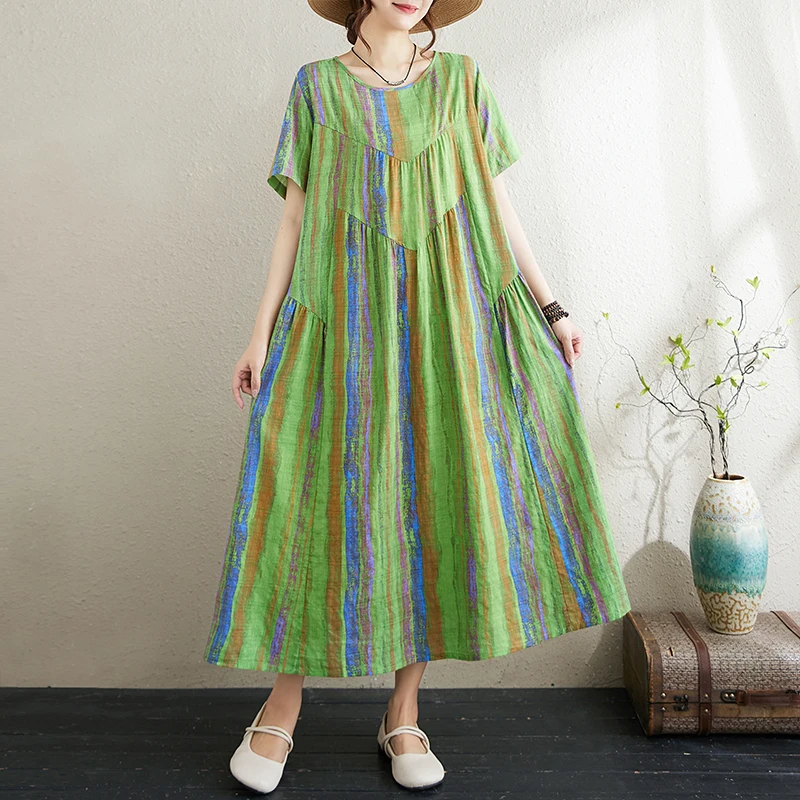  Striped Cotton Linen Printed Dr Summer Large Size Women's Faionable round Ne Loose over Knee A-Line Skirt