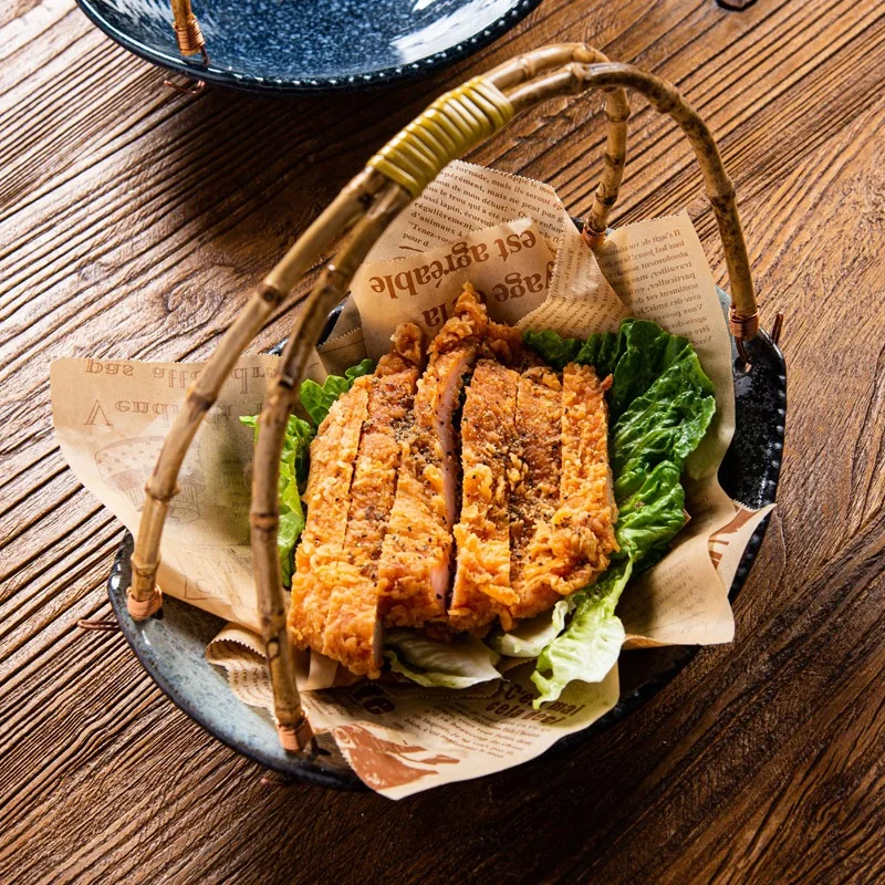 Japanese Stone Texture Dinner Plates with Bamboo Handle Creative Rough Pottery Western Cuisine Plate Hotel Restaurant Tableware