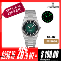 Cronos SH Stainless Steel Automatic Diver Men's Watches PT5000 SW200 Full Brushed Bracelet See-Through Back 10ATM  Waterproof