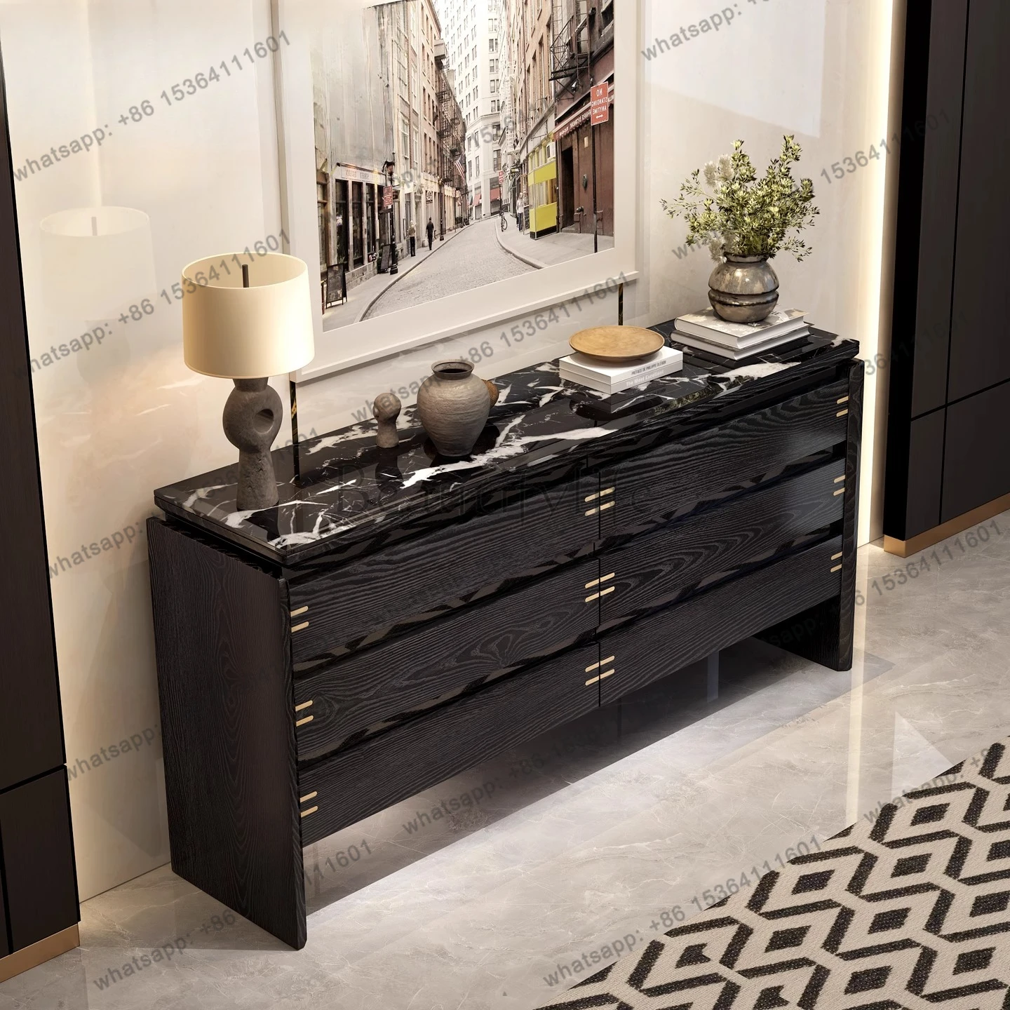 

French vintage style solid wood entrance marble storage multi-drawer cabinet