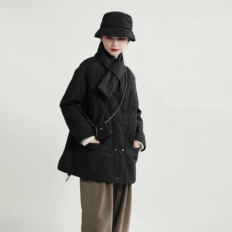 Winter fashion design diagonal buckle day black short cotton suit loose and thin coat women