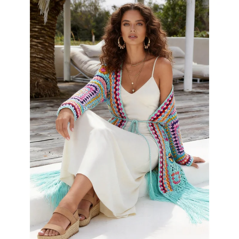 Women Colorful Patchwork Crochet Maxi Cardigan Tassel Hem Tie Waist Open Front Boho Beach Kimono Cover Up