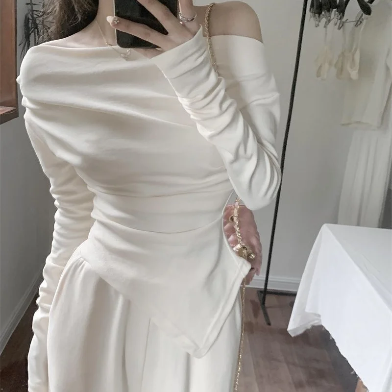 

Sexy Sweet Long Sleeve Tops Tees Spring Summer Off Shoulder Solid Color Slim Irregular T-Shirts Fashion Trend Women Clothing